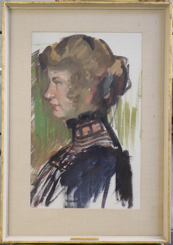 Ambrose McEvoy (1878-1927) Portrait of the Artists wife wearing a purple dress 16 x 10in.